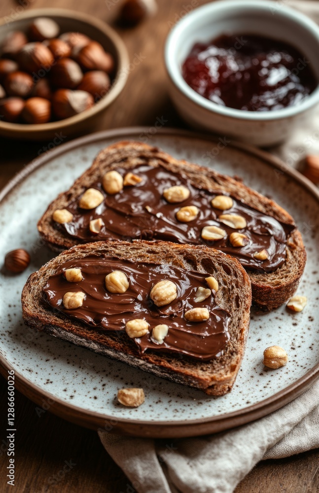 Rustic French bread slices with nuts and chocolate spread on ceramic plate Rustic French bread slices with nuts and chocolate spread on ceramic plate