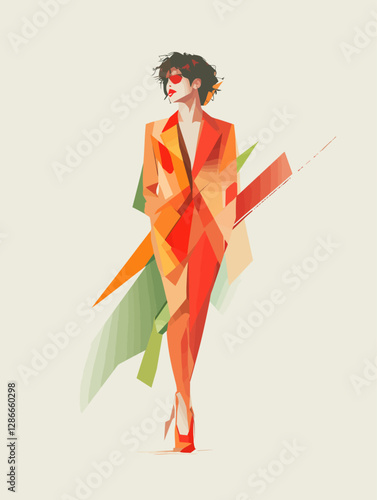 Modern Minimalist Geometric Fashion Illustration of a Confident Woman in Abstract Polygonal Style