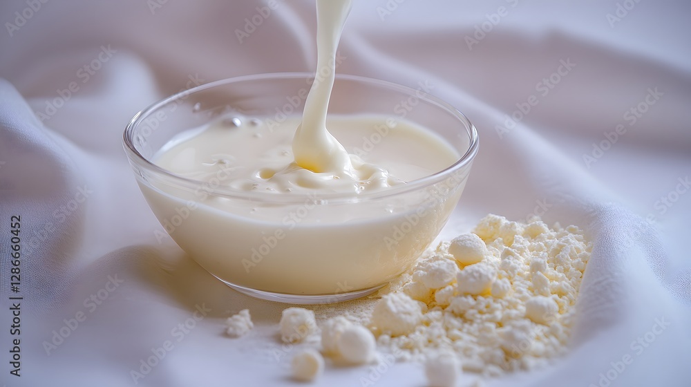 White liquid being poured into a clear glass bowl with others White liquid being poured into a clear glass bowl with others