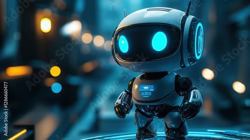 Digital marketing agency SEO platform concept for business. Futuristic robot with glowing elements set against a digital backdrop