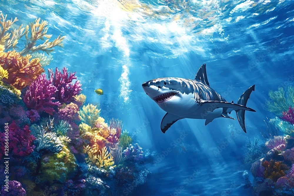 Fototapeta premium Sunbeams streaming through the water illuminate a great white shark gliding gracefully near a vibrant coral reef, creating an enchanting and serene underwater scene filled with marine life