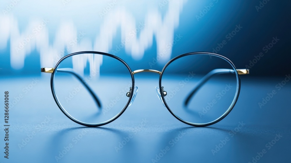 Sharp Focus on Finance, Glasses in Front of a Blurred Stock Market Chart, Representing Investment Vision