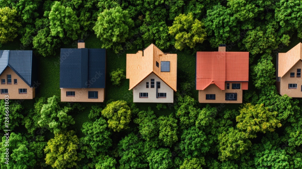 New housing development surrounded by forest with a row of houses in a green landscape New housing development surrounded by forest with a row of houses in a green landscape