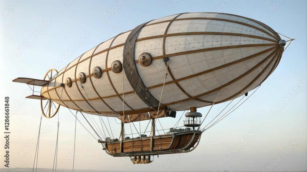 Naklejka premium Vintage-style airship with brass accents and leather straps, goggles, machinery, aviation