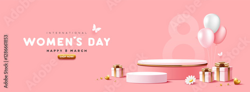 Happy women's day 8 March, podium display and gift box, balloon banner design on pink background, EPS10 Vector illustration