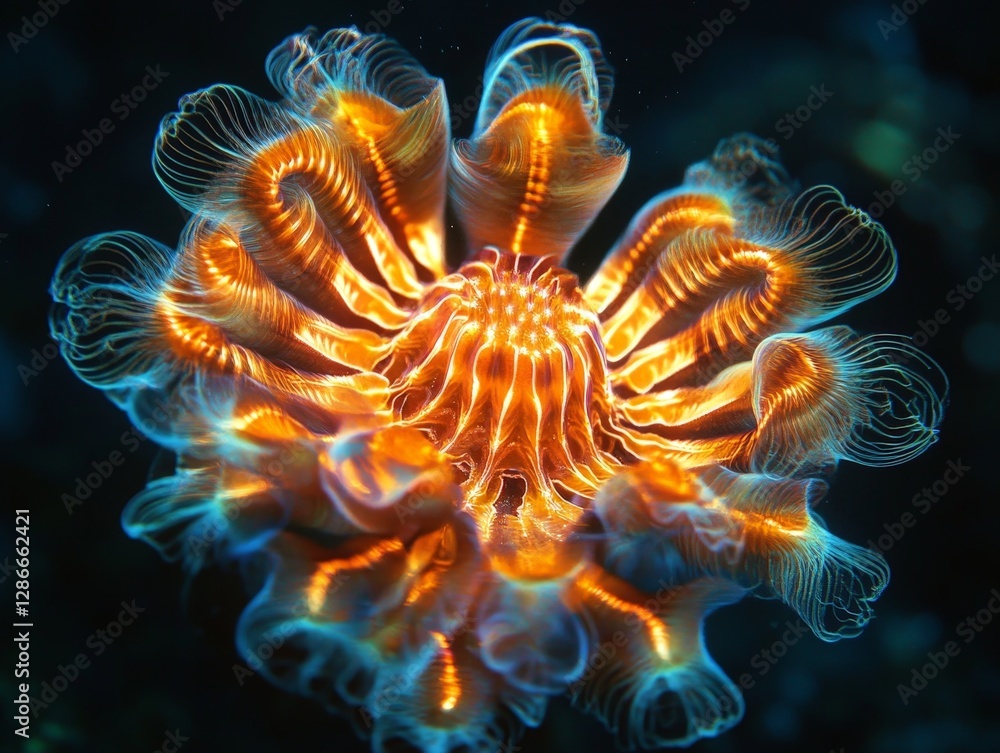 Vibrant Illuminating Creature Underwater With Flowing Tentacles Vibrant Illuminating Creature Underwater With Flowing Tentacles