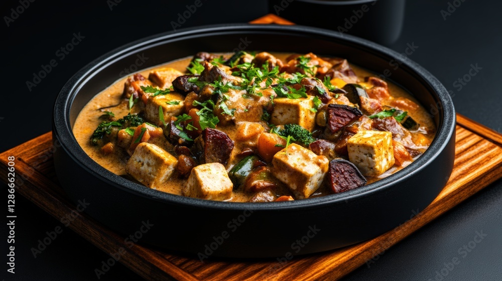 Bowl of vegan coconut curry with tofu and mixed vegetables on a rustic wooden board Bowl of vegan coconut curry with tofu and mixed vegetables on a rustic wooden board