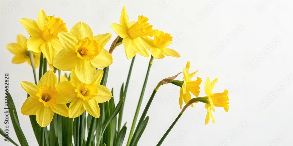Obraz premium Vibrant daffodils against a creamy white background, spring flowers, daffodils, blossoms, blooms, nature