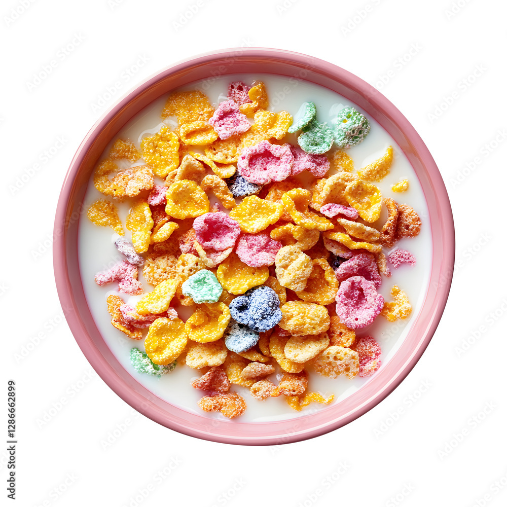 Cereal with milk in a pink bowl isolated on transparent white background, clipping path, pen tool. Cereal with milk in a pink bowl isolated on transparent white background, clipping path, pen tool.