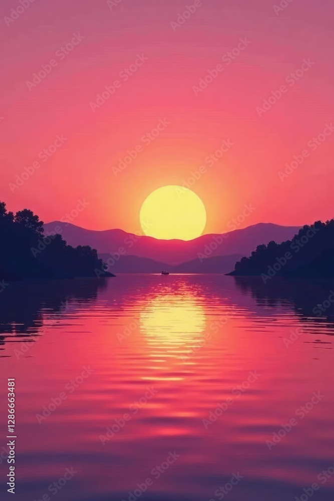 Fototapeta premium Sunset over a serene lake with a smooth gradient background from pink to orange, pink, sky