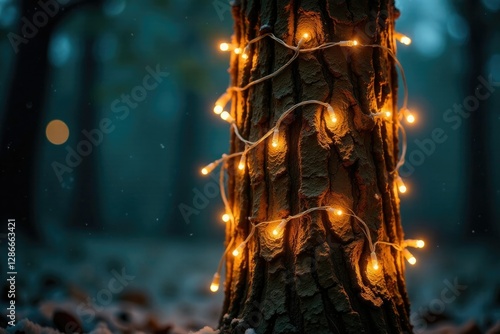 Twinkling Christmas lights wrap around a bare tree trunk, evergreen, twinkle, illuminates