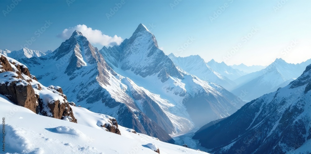Obraz premium Snowflakes dance in the air, settling gently on the rugged peaks of the mountains, natural, mountain, scenery