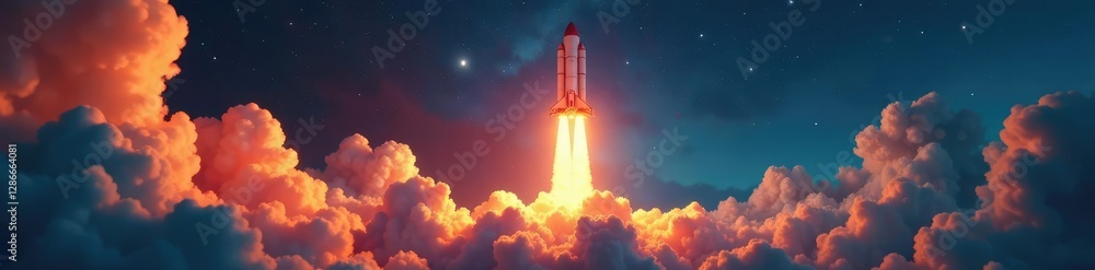 Obraz premium Rocket ship blasting off into the sky with smoke and flames, smoke, fire, cosmos