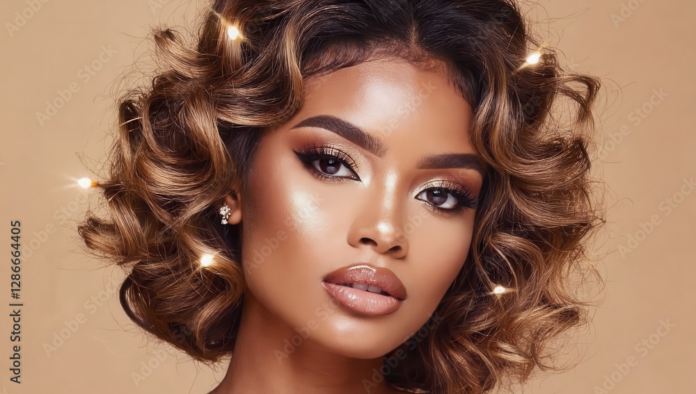 Fototapeta premium Portrait of African American woman with curly hair and golden makeup on beige background. Model girl