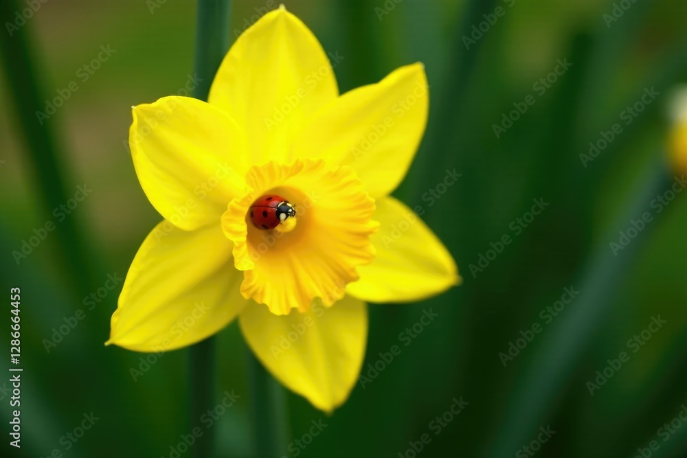Ladybug on bright yellow daffodil flower with green stem, insect, garden, nature Ladybug on bright yellow daffodil flower with green stem, insect, garden, nature