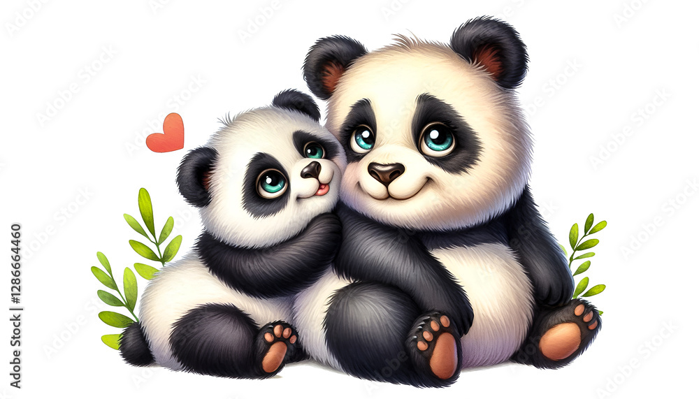 Fototapeta premium Watercolor clipart of a baby panda with its mother. Watercolor clipart illustration isolated on a white background