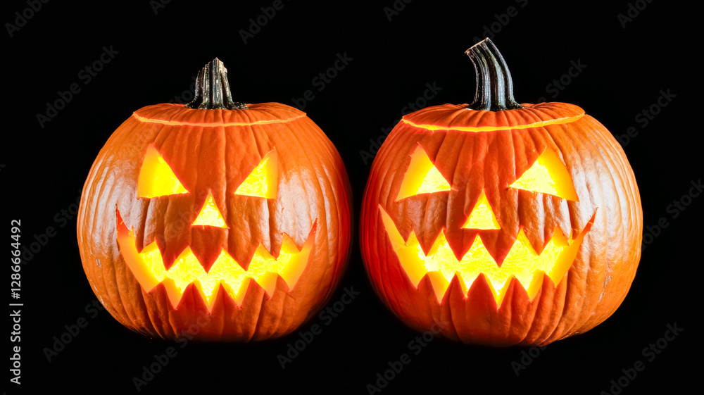 Two spooky jack-o'-lanterns glow menacingly against a black background, capturing the essence of Halloween festivities. Two spooky jack-o'-lanterns glow menacingly against a black background, capturing the essence of Halloween festivities.