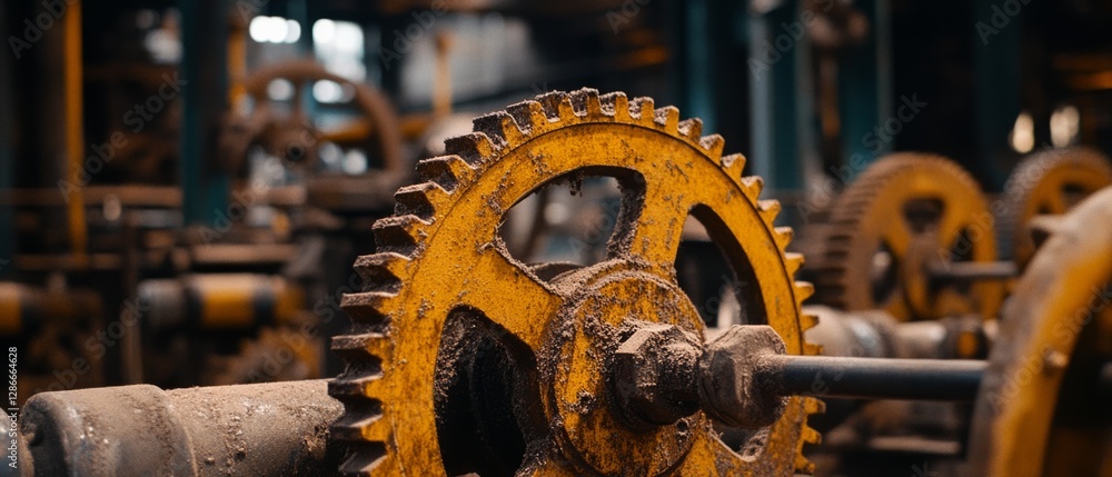 Rusty gears and industrial machinery inside a factory evoke the bustling energy and robust past of a bygone industrial era. Rusty gears and industrial machinery inside a factory evoke the bustling energy and robust past of a bygone industrial era.