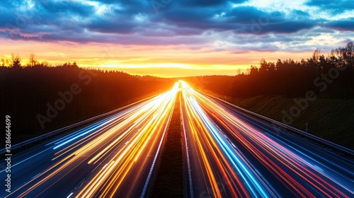 Long line of cars driving on a highway at night with moving car lights and illuminated road signs