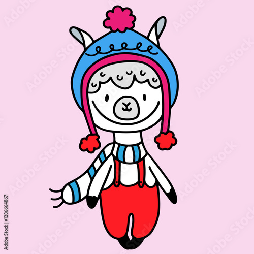 White llama in hat, red overalls, scarf, children's doodle illustration with llama on pink background, character