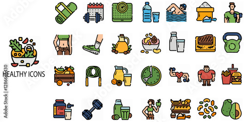 Healthy simple concept 28 colour icons set. Contains such meditation, stress management, anxiety, relief, depression .Vector illustration.