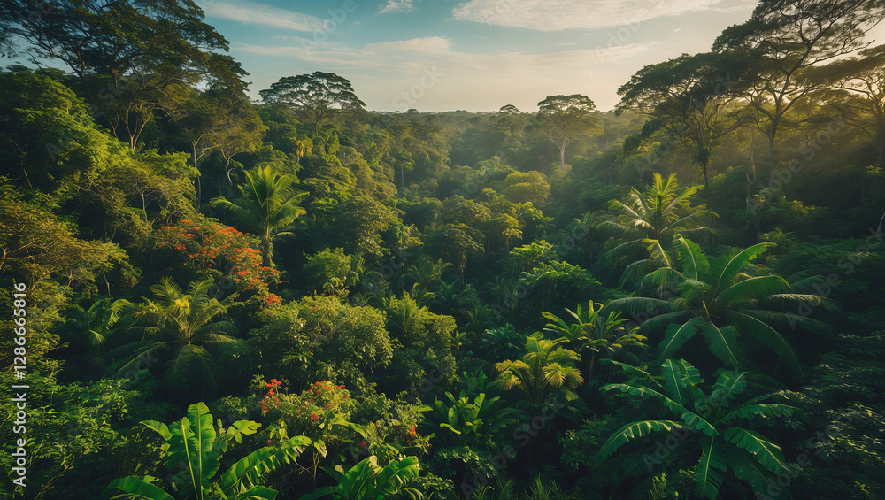 Lush tropical rainforest with vibrant foliage and morning light reflecting on the canopy Lush tropical rainforest with vibrant foliage and morning light reflecting on the canopy