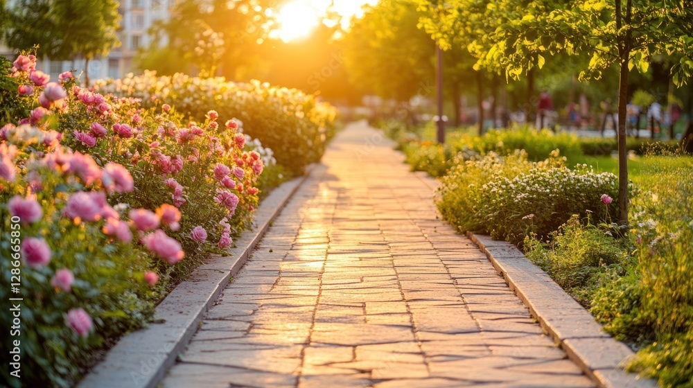 Pathway Through Beautiful Garden at Sunset with Pink Roses and Sunlight Pathway Through Beautiful Garden at Sunset with Pink Roses and Sunlight