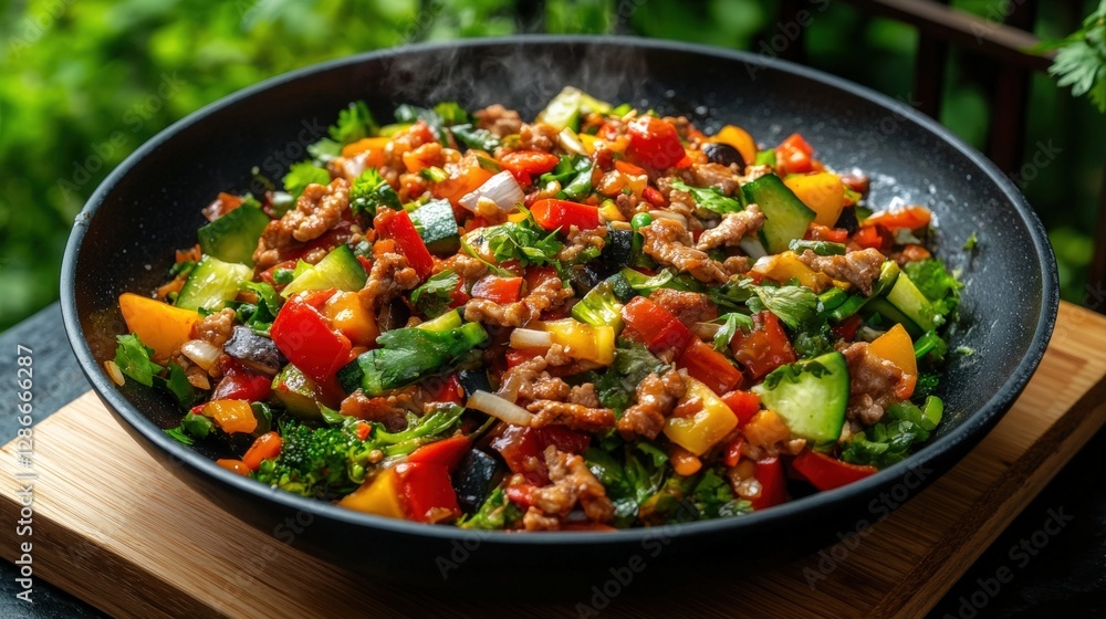 Person cooking a colorful mix of meat and vegetables in a frying pan on a stove in a kitchen environment Person cooking a colorful mix of meat and vegetables in a frying pan on a stove in a kitchen environment