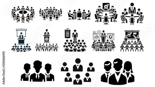 Workshop interview and team icon set black and white vector ilustratoins. 