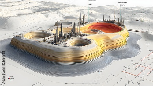 Fototapeta Naklejka Na Ścianę i Meble -  Futuristic Architectural Energy Station Design with Geometric Structures and Urban Landscape