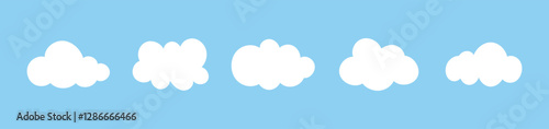 Clouds in blue sky. Puffy, fluffy, cumulus clouds on blue background. Cloudy shapes mockup. Weather simple elements template. Objects cloudscape layout. Hand drawn abstract icons.