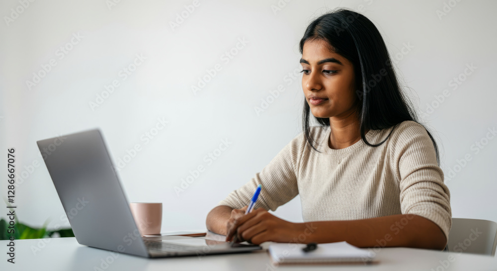 A woman is sitting at a table with a laptop and a pen A woman is sitting at a table with a laptop and a pen