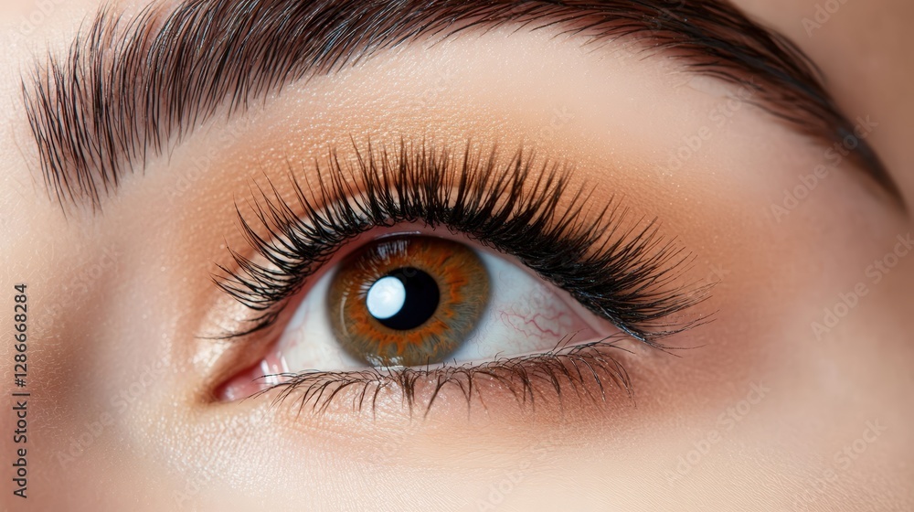 Obraz premium Close-up view of a womans eye highlighting long eyelashes and detailed iris pattern in high fidelity