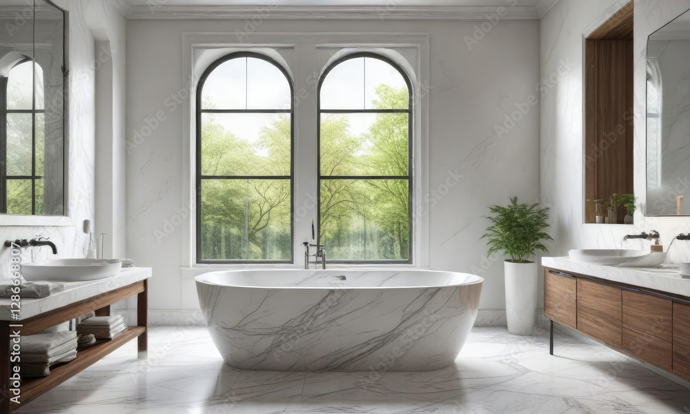 Fototapeta premium White marble bathtub and matching sink in an elegant bathroom with a big window providing ample natural light, window, sophistication