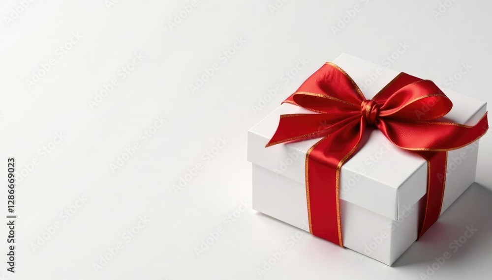 White gift box wrapped in a large red ribbon with golden trim, gift boxes, white, wrapping White gift box wrapped in a large red ribbon with golden trim, gift boxes, white, wrapping