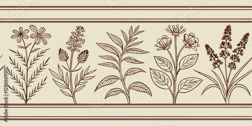 Design a vintage pharmacy label-inspired pattern with botanical sketches.