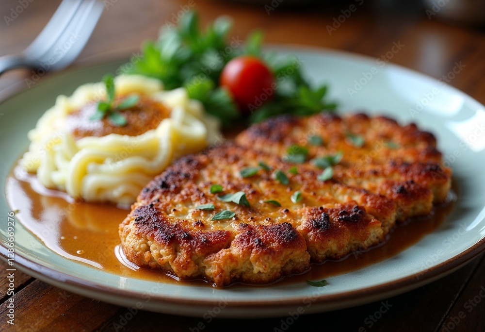 Wiener schnitzel on a plate with mashed potatoes and fresh greens, delicious and appetizing. Wiener schnitzel on a plate with mashed potatoes and fresh greens, delicious and appetizing.