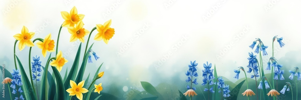 whimsical watercolor daffodils and bluebells in a dreamy landscape, nature scenery, bluebells, floral motifs whimsical watercolor daffodils and bluebells in a dreamy landscape, nature scenery, bluebells, floral motifs