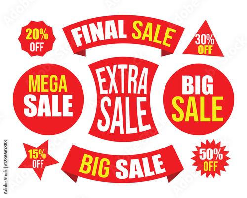 Final sale tags vector icon set. Mega discount label, sticker for business promotion and marketing. Red color badge and coupon. Logo collection for Special offer banner, poster, template, web, flyer. 