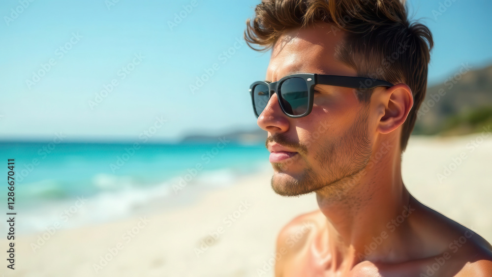 Handsome man in sunglasses on the beach in summer. Handsome man in sunglasses on the beach in summer.