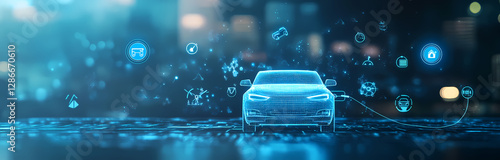 Futuristic Car and Data: A modern, tech-forward image of a car with digital data streams and icons, symbolizing connectivity and technological advancement in the automotive industry.