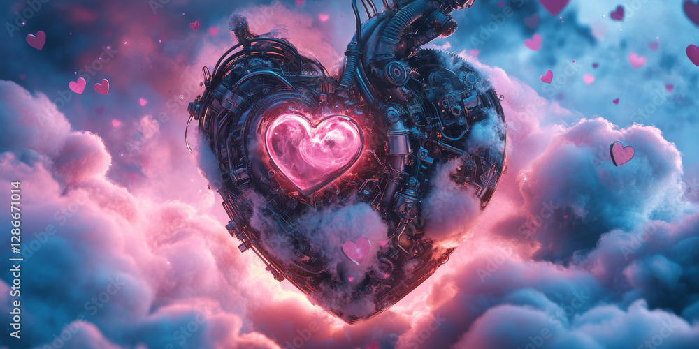 Fantasy mechanical heart with pink reflections in the sky Fantasy mechanical heart with pink reflections in the sky