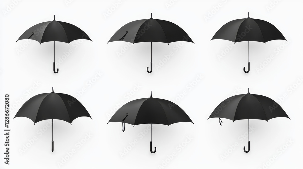 Black umbrella, parasol top, side and front view. Waterproof accessories for rainy autumn weather, design element isolated on transparent background. Realistic 3d vector illustration, icons set Black umbrella, parasol top, side and front view. Waterproof accessories for rainy autumn weather, design element isolated on transparent background. Realistic 3d vector illustration, icons set
