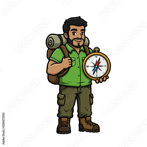 Cartoon-Style Hiker Carrying a Compass and Backpack Exploring Nature