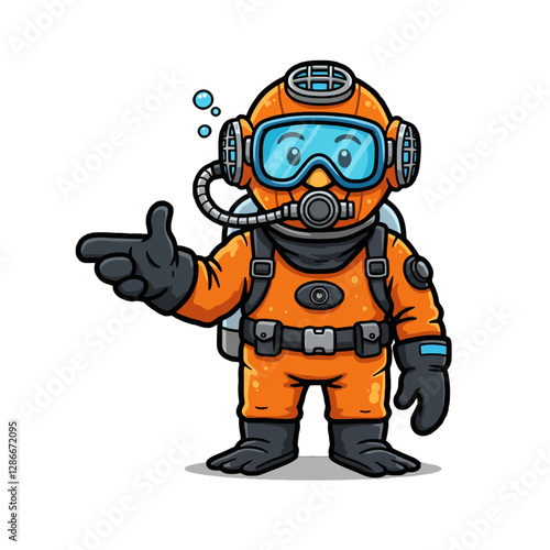 Cartoon Scuba Diver in Orange Suit Pointing Underwater Illustration