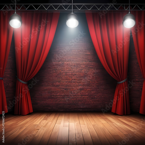 stage for open mic comedy, brick background with red curtains, stand up comedy show poster background 