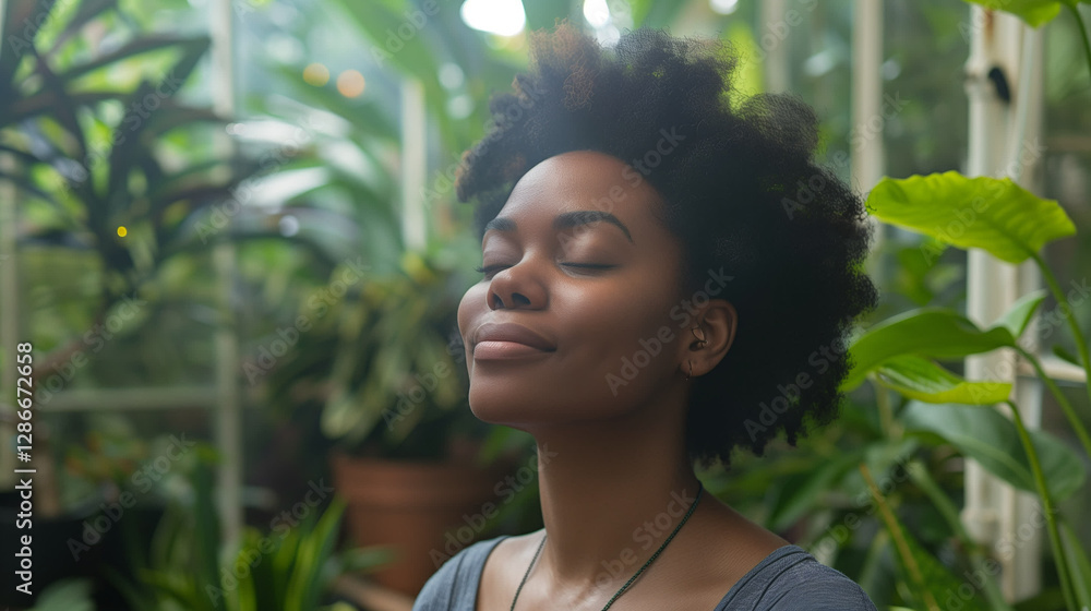 Balance, breathing and young woman by plants for zen meditation in a greenery nursery, Breathe, gratitude and young African female person with a relaxing peace mindset by an indoor greenhouse garden Balance, breathing and young woman by plants for zen meditation in a greenery nursery, Breathe, gratitude and young African female person with a relaxing peace mindset by an indoor greenhouse garden