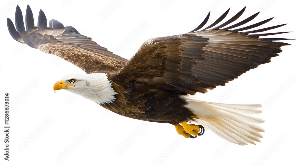 Fototapeta premium Bald Eagle Soaring Through a Clear Blue Sky with Outstretched Wings and Vibrant Feathers
