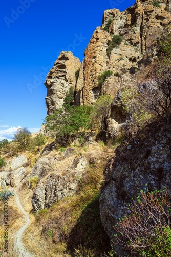 Olive groves and mountains around Ghost Town, Pentedattilo Village, Calabria, Italy, Europe photo