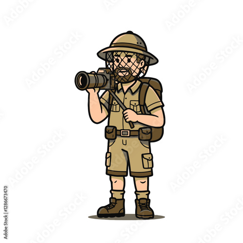 Cartoon Explorer With Camera and Gear in Safari Outfit